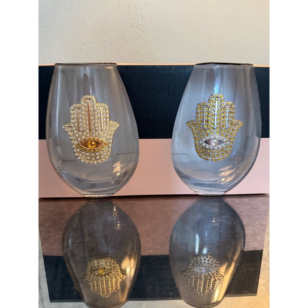 Rachel Zoe Hamsa Evil Eye Stemless Wine Glasses  2 Rhinestone Gold‎ boho  Silver
